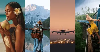 Quattro scenari di viaggio con spiaggia tropicale, lago di montagna, aereo su pista e treno per illustrare le destinazioni calcolate tramite l'astrogeografia