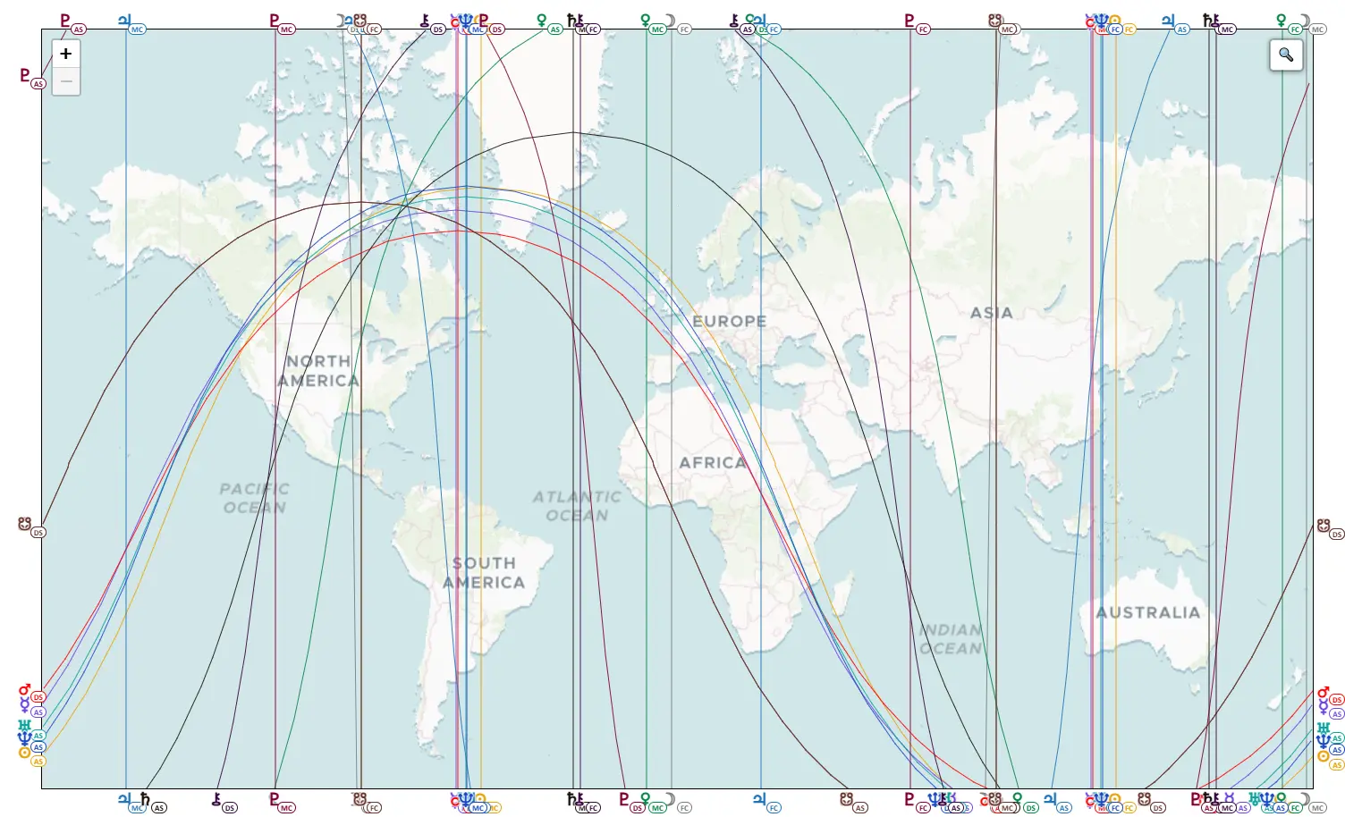 Esempio di linee di astrocartografia su mappa mondiale